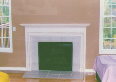 Fairbanks mantel glazed white with tile surround